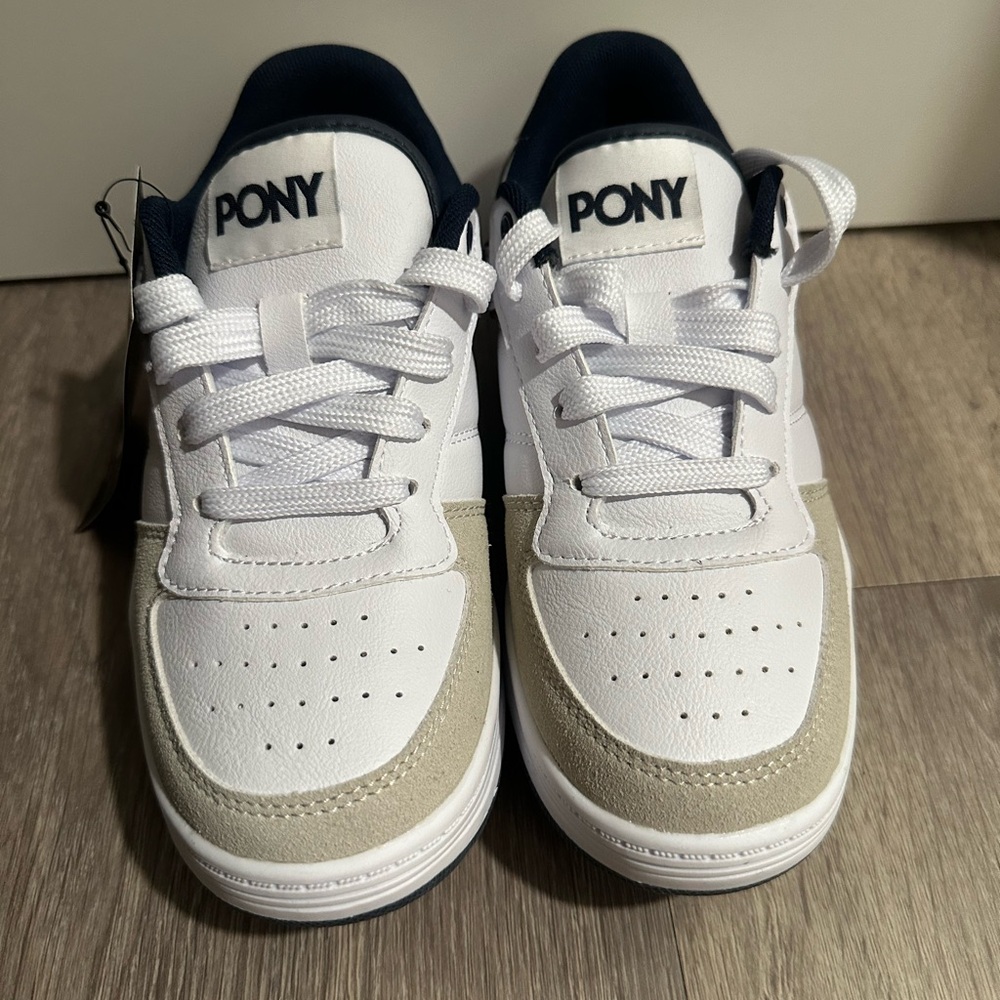Pony White and Tan Sneakers with Leather Upper and Lace-Up Design